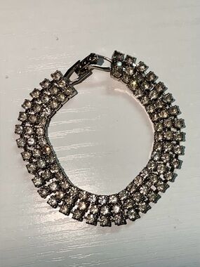 Vintage Triple Strand Clear Rhinestone Bracelet Silver Tone